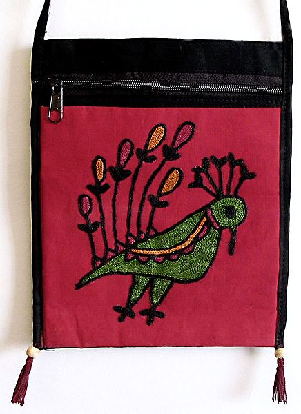 Parrot Embroidery Black Bag with One Zipped and One Open Pocket
