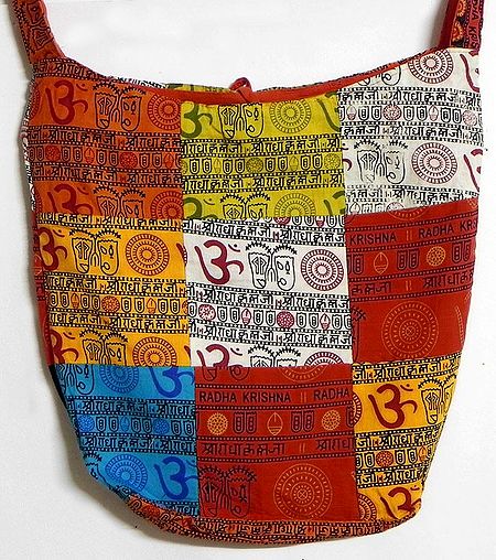 Patchwork Multicolor Cotton Bag with Om and Radha Krishna Print