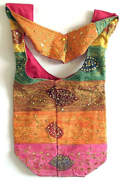 Sequined and Golden Thread Embroidered Cotton Bag with One Zipped  Pocket