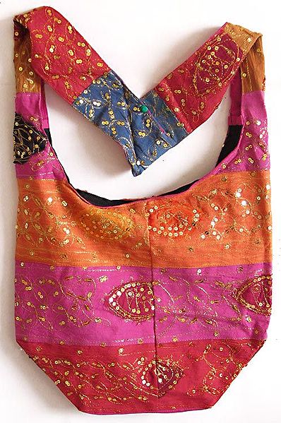 Sequined and Golden Thread Embroidered  Cotton Bag with One Zipped  Pocket