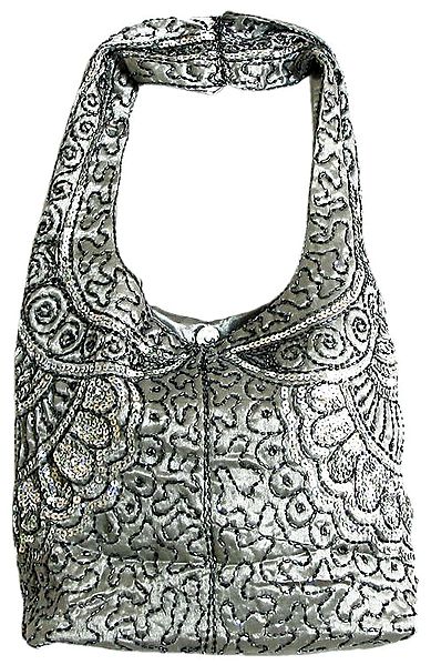 Grey Satin Bag with Bead and Sequin Work