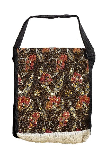 Floral Design Jute Cloth on Rexin with Bead and Sequin work One Open and Two Zipped Pocket Bag