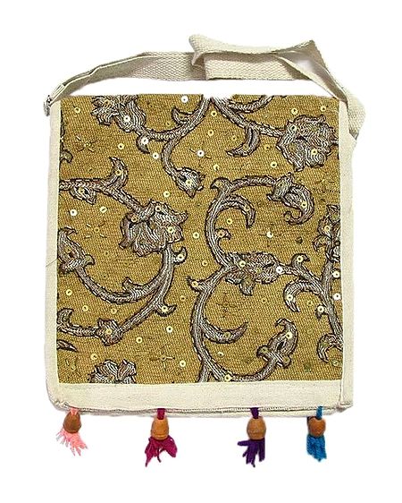 Sequined Jute Bag with One Open and One Zipped Pocket