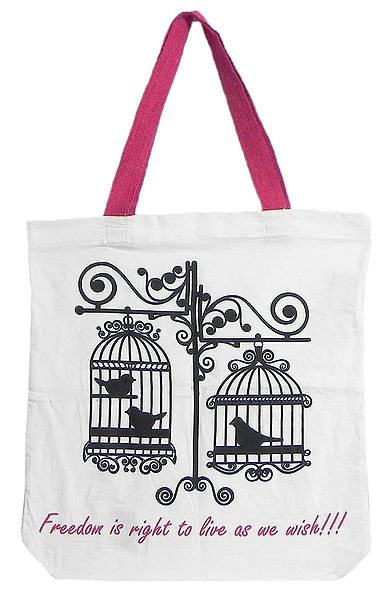Caged Birds Print on White Shopping Bag