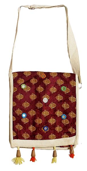 Maroon Velvet Lined Jute Bag with Mirrorwork One Open and One Zipped Pocket