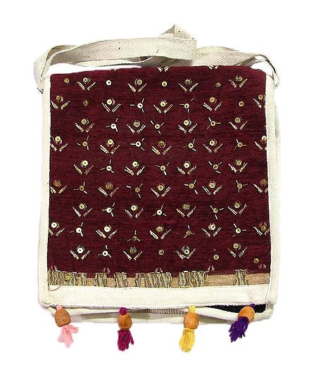 Sequine and Golden Beaded Maroon Velvet Finish Bag with One Open and One Zipped Pocket