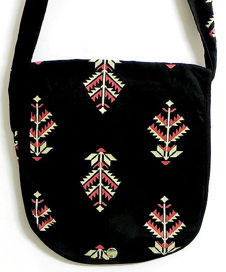 Red with Off-White Print on Black Cotton Shoulder Bag with One Open Pocket