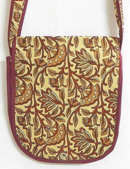 Maroon with Brown Print on Beige Cotton Shoulder Bag with One Open Pocket