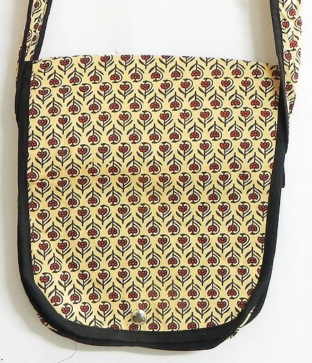 Maroon with Black Print on Beige Cotton Shoulder Bag with One Open Pocket