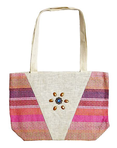 Decorative Jute Bag with One Zipped Pocket and One Small Open Pocket