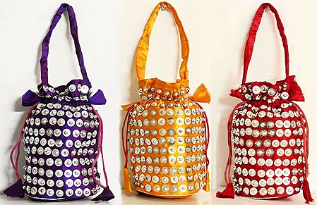 Three Sequined Fashionable Silk Potli Bags