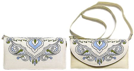White Bag with Blue and Green Embroidery - (Front and Back View)
