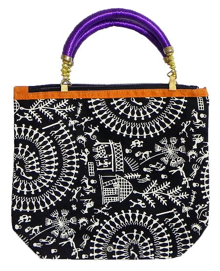 Tribal Print on Black Cotton Bag with One Zipped Pocket