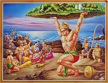 Hanuman brings the Gandhamadan Parvat to Revive Lakshmana with the Sanjivani Herbs