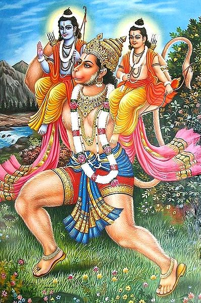 Hanuman Carrying Lord Rama and Lakshmana in His Shoulder