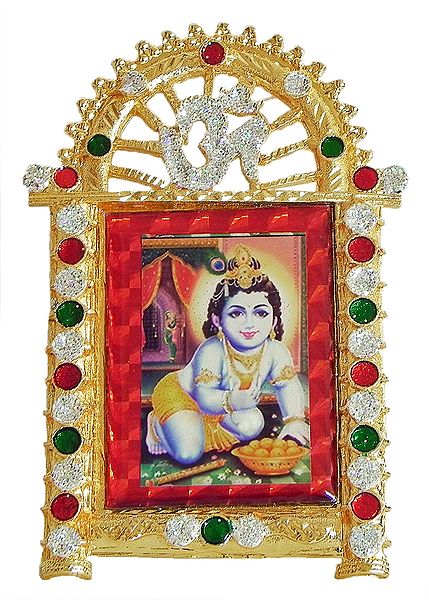Laddu Gopal on Stone Studded and Golden Carved Metal Frame - Table Top Picture
