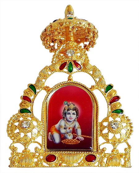 Bal Gopal on Golden Throne Metal Frame - Table Top Picture