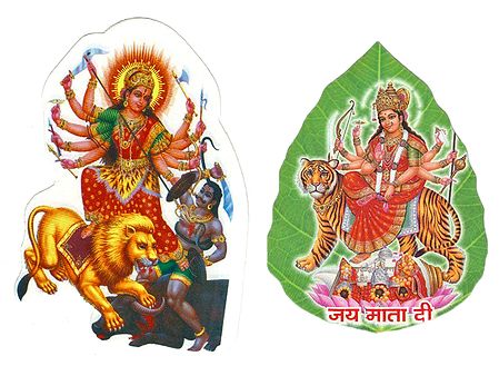 Bhagawati and Durga on Pipul Leaf - Set of Two Stickers