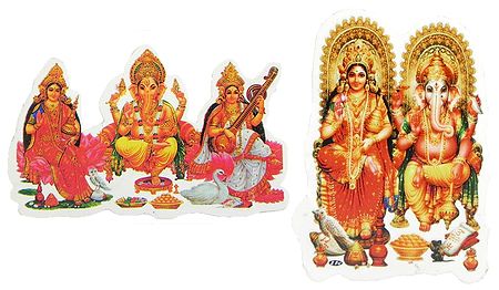 Lakshmi, Saraswati with Ganesha and Lakshmi, Ganesha - Set of Two Stickers