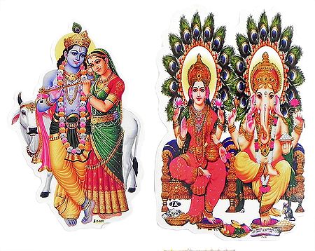 Lakshmi with Ganesha and Radha Krishna  - Set of Two Stickers