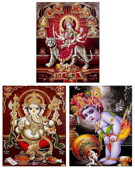 Ganesha, Krishna, Navadurga - Set of 3 Glitter Posters