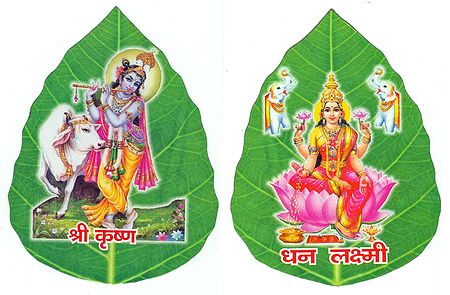 Krishna and Lakshmi on Pipul Leaf - Set of Two Stickers