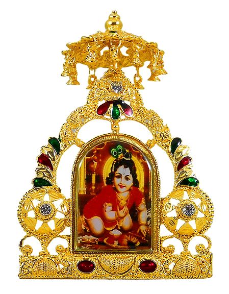 Krishna on Stone Studded and Golden Carved Metal Frame