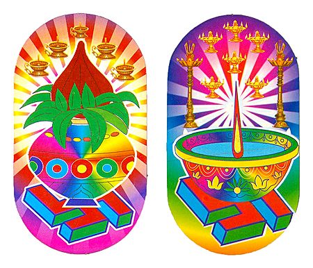 Kalash and Swastik with Diya - Set of 2 Stickers