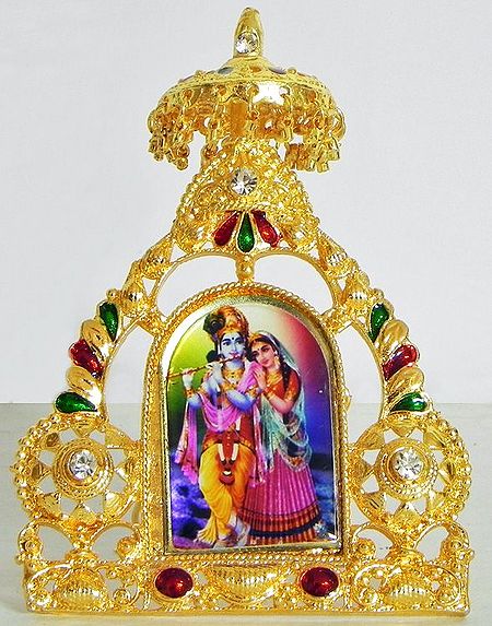 Radha Krishna on Stone Studded and Golden Carved Metal Frame