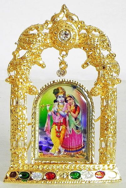 Radha Krishna on Stone Studded and Golden Carved Metal Frame