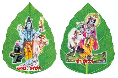 Shiva and Krishna on Pipul Leaf - Set of Two Stickers