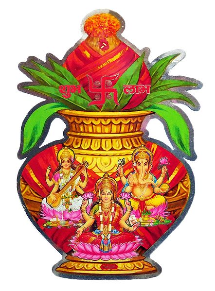 Lakshmi, Saraswati and Ganesha on Kalash with Coconut