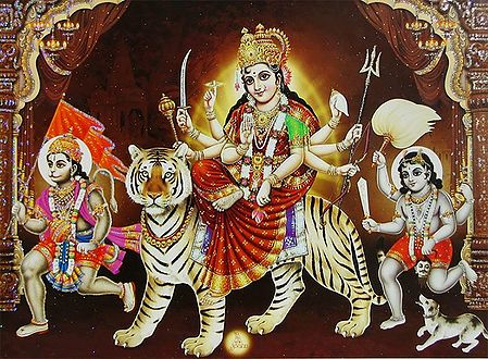 Bhagawati with Hanuman and Batuk Bhairav - Poster with Glitter