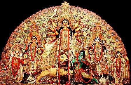 Durga with Her Children Slaying Mahishasura