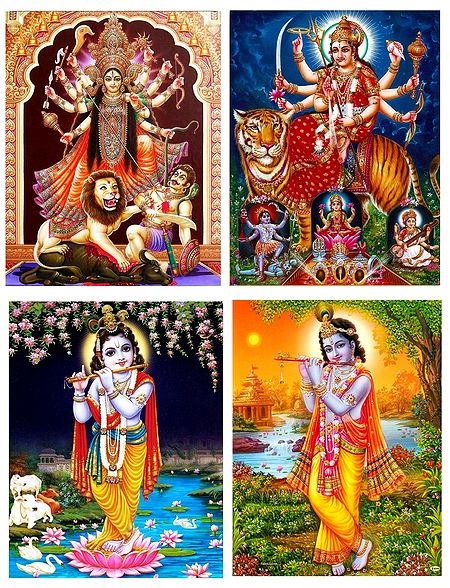 Bhagawati, Durga and Krishna Posters - Set of 4 Unframed Posters