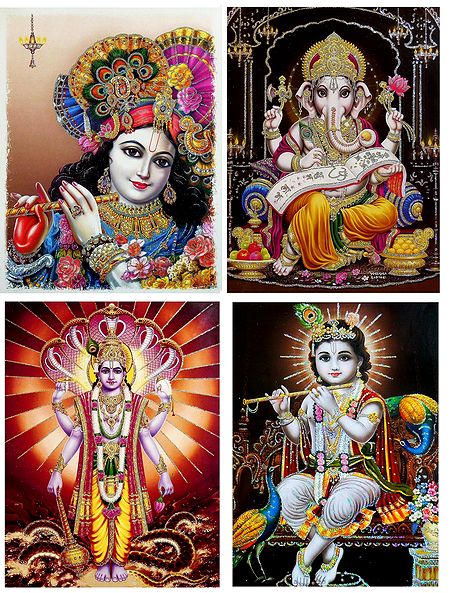 Krishna,Ganesha,Vishnu, Krishna - Set of 4 Glitter Poster