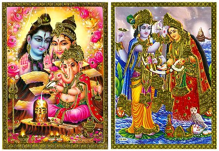 Shiva, Parvati, Ganesha and Vishnu, Lakshmi - Set of 2 Posters