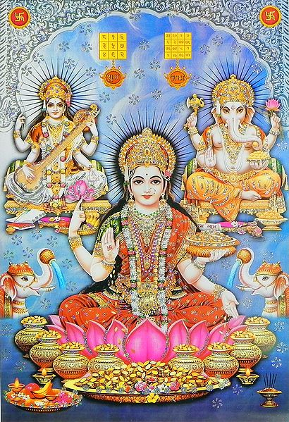 Lakshmi, Saraswati and Ganesha - (Poster with Glitter)