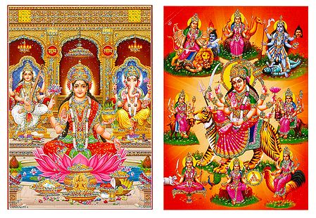 Lakshmi, Saraswati, Ganesha and Navadurga  - Set of 2 Glitter Posters