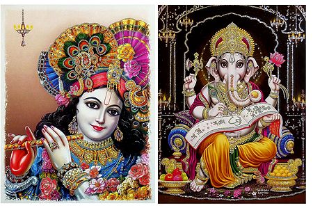 Krishna,Ganesha - Set of 2 Glitter Poster