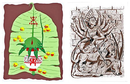 Durga and Mangal Kalash on Banana Leaf - 2 Small Posters