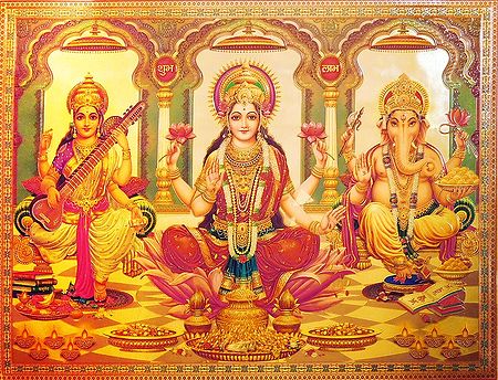 Lakshmi,Saraswati,Ganesha - Golden Metallic Poster