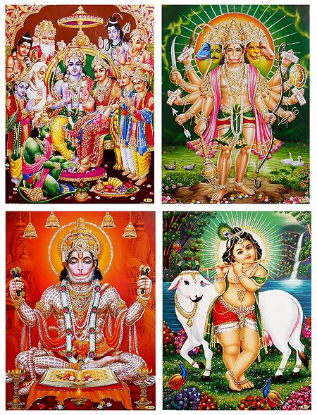 Ram Darbar, Hanuman, Krishna - Unframed 4 Glitter Poster
