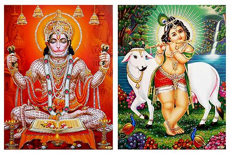 Krishna, Hanuman - Unframed 2 Glitter Poster