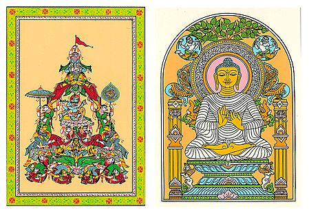 Lord Krishna with Gopinis and Lord Buddha - 2 Patachitra Posters - Unframed
