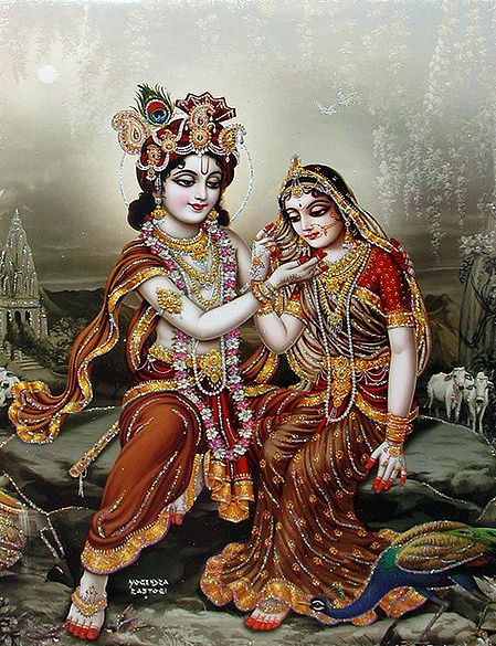 Krishna Mesmerised by Radha's Beauty- (Poster with Glitter)