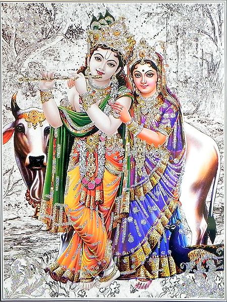 Radha Krishna with Cow - (Poster with Glitter)