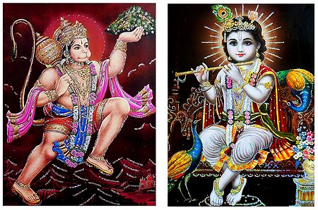 Lord Krishna and Hanuman - Set of 2 Glitter Posters