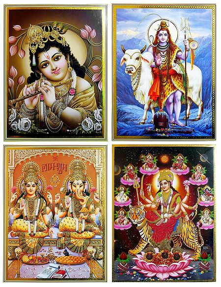 Lakshmi, Ganesha, Navadurga, Shiva and Krishna - Set of 4 Posters