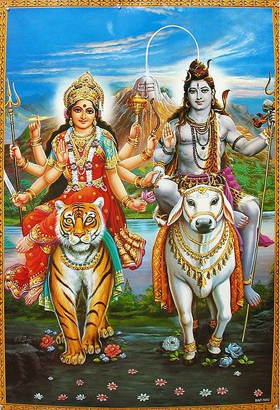 Shiva Sitting on Bull and Durga Sitting on Lion